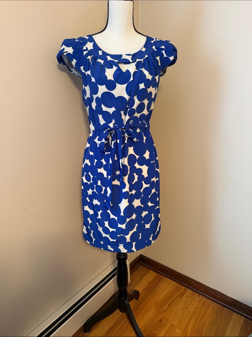 Yoana Baraschi Blue and Ivory Polka Dot Tie-Waist Mini Dress